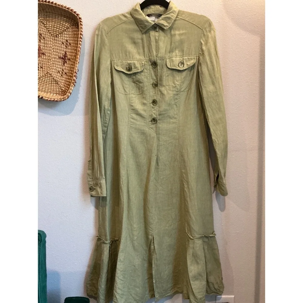 Weekend Max Mara Linen Lagenlook Olive Green Shirt Midi Dress Size 4 - Picture 3 of 8